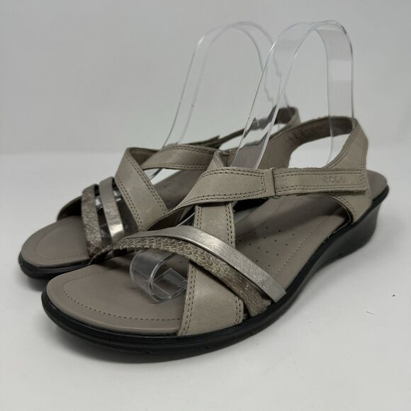 ECCO Shoes - Ecco Felicia Wedge Slingback Strappy Sandals Tan Gray Leather Womens Sz 41 10.5